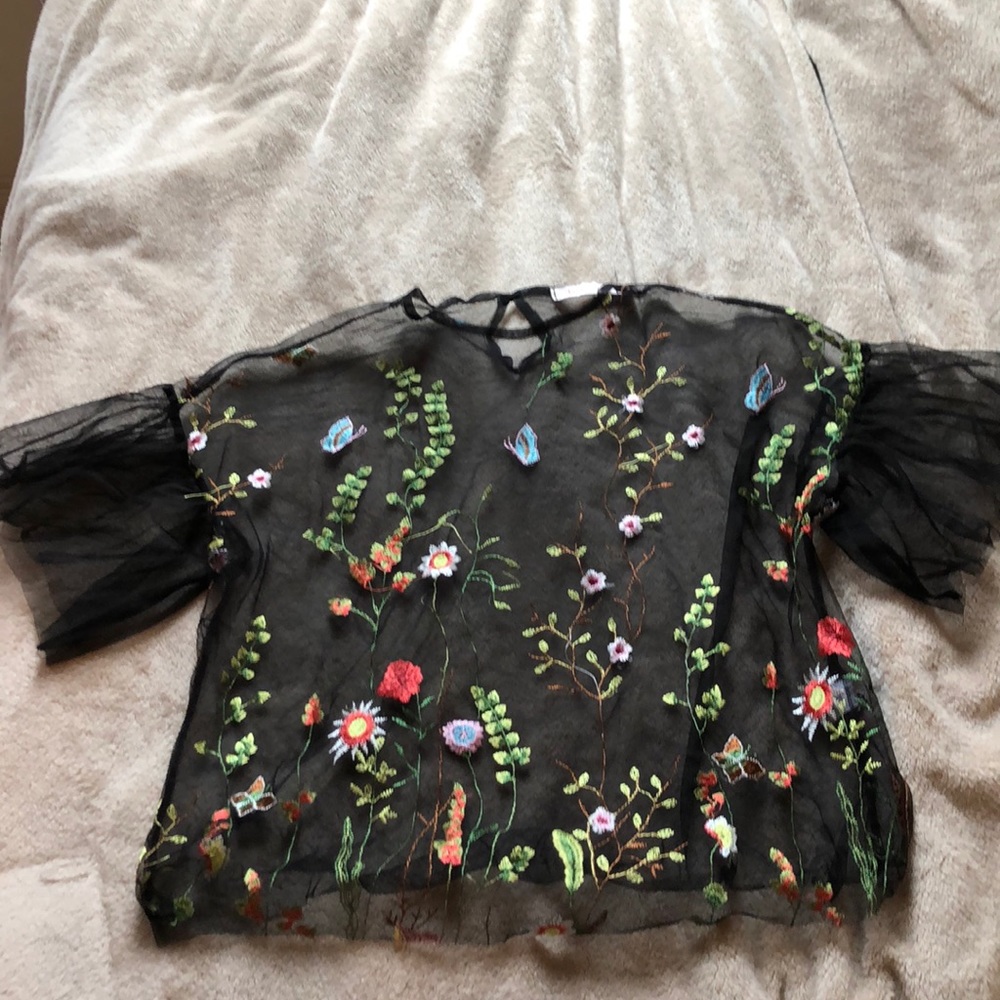 Black mesh embroidered top